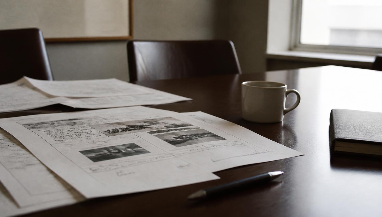 Printed customer journey pages marked up by hand on a meeting table in daylight