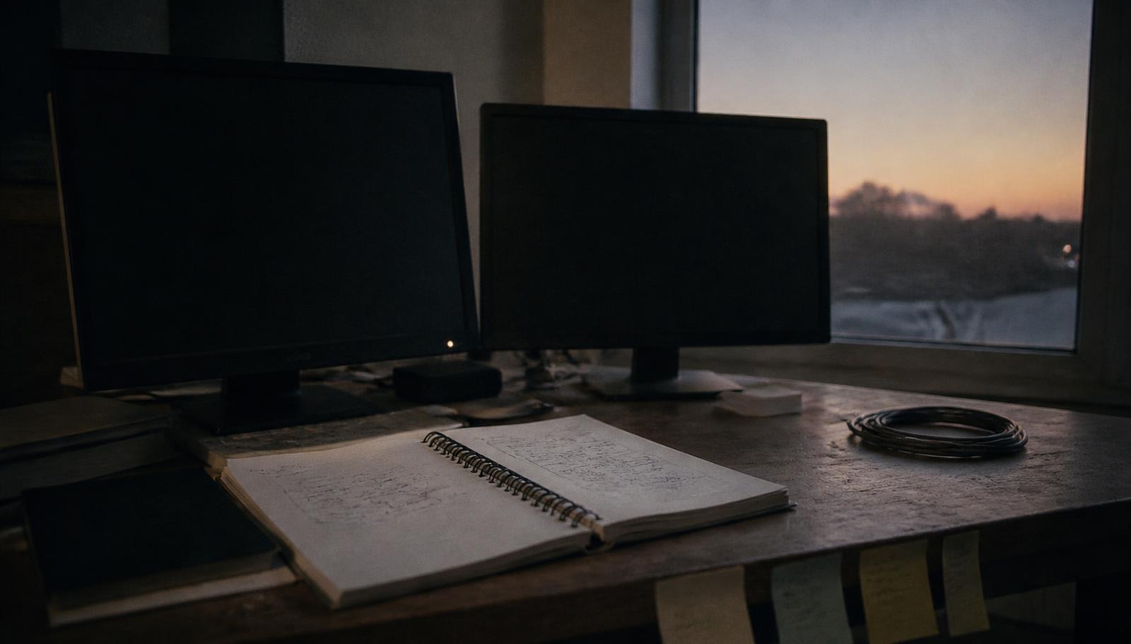 A desk at dusk with two dark monitors and a notebook showing a handwritten workflow sequence