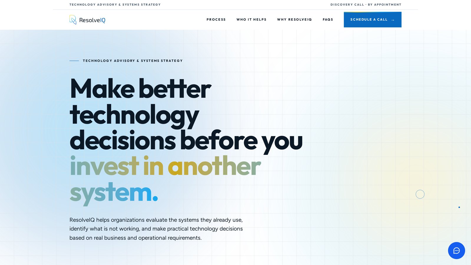 The ResolveIQ homepage shown in a desktop browser, with its technology advisory headline and primary call to action