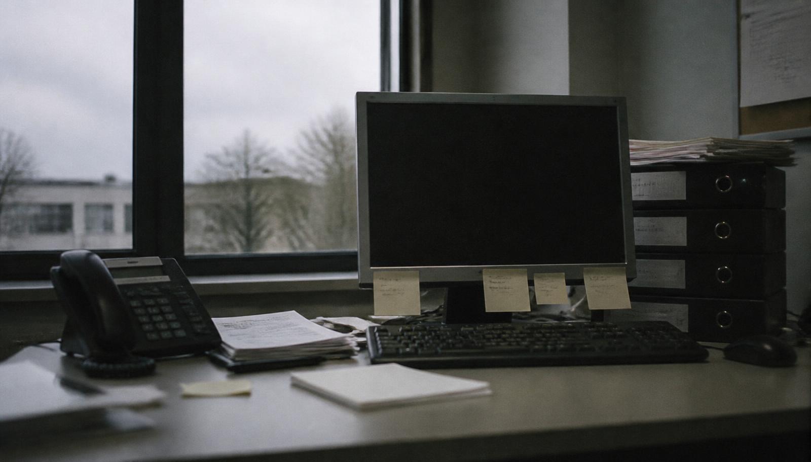 A back office desk with a landline phone, sticky notes, and a switched-off monitor