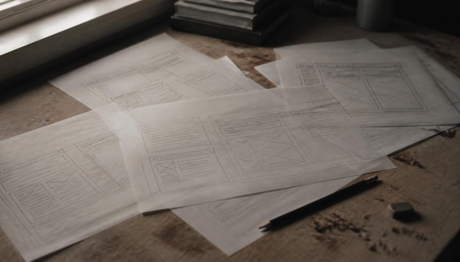 Hand-drawn website page wireframes spread across a worn desk in window light